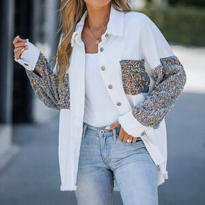 White Party Women's Turn-Down Collar Sequin Raw Hem Button Down Shacket